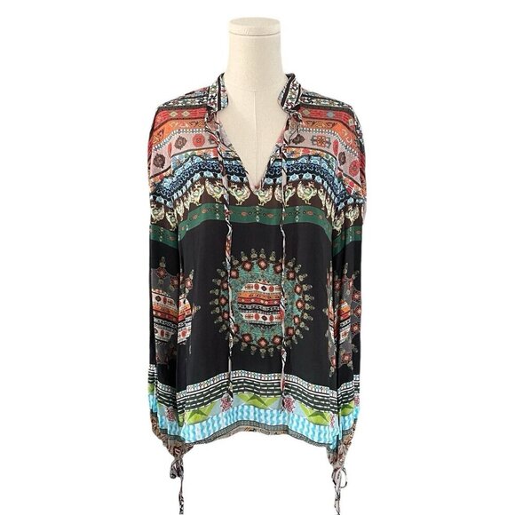 Desigual Sheer Chiffon Colorful Print Blouse Sz M Spain Boho Tribal Aztec Bishop - Picture 1 of 11